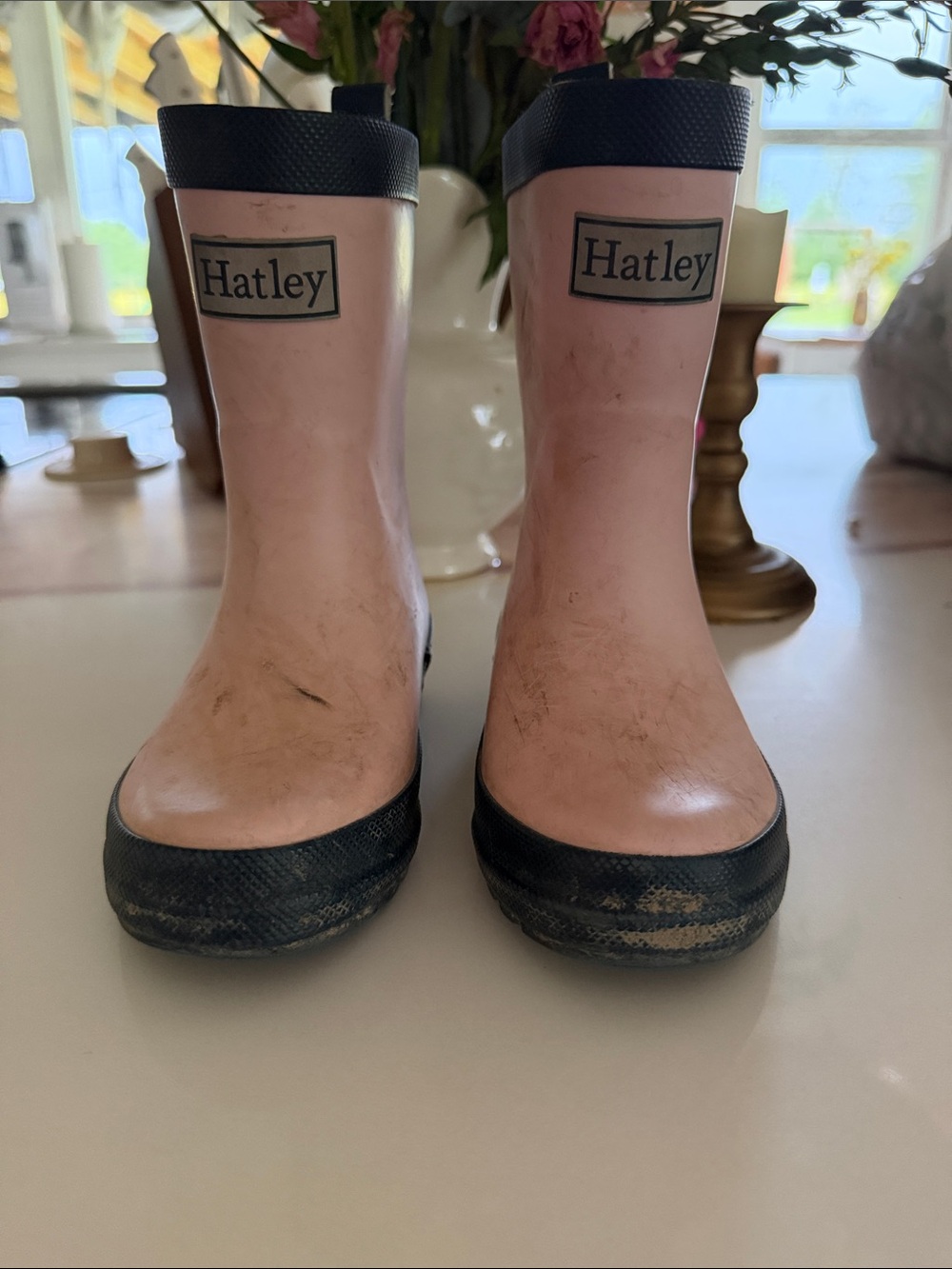 Hatley Pink and Navy Kids Waterproof Rain Boots